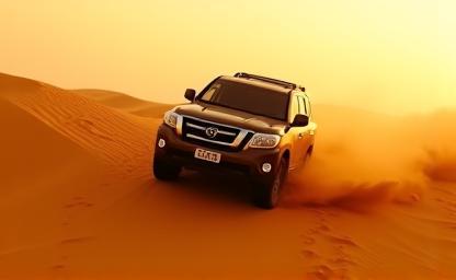 4x4 vehicle driving over desert dunes