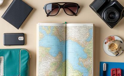 Arrangement of travel essentials like a passport, map, and camera